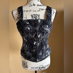 White House Black Market Black and White Floral Denim Corset